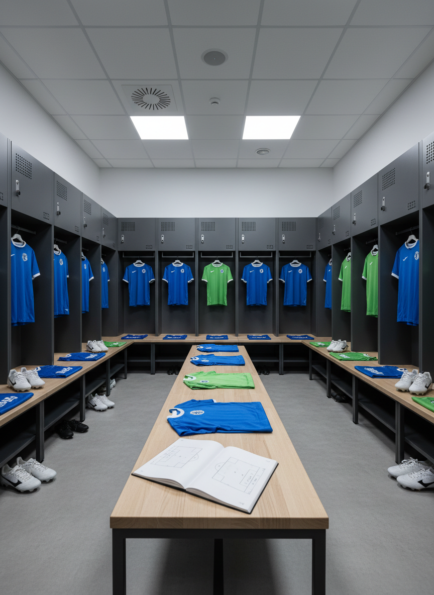 Un vestuario de equipo de fútbol femenino vacío y perfectamente ordenado, con taquillas metálicas modernas en tonos gris antracita y bancos de madera clara pulida. Sobre cada banco, camisetas técnicas en distintos tonos de azul y verde, dobladas con precisión, junto a botas de fútbol impecables y un cuaderno de análisis táctico abierto mostrando diagramas de jugadas. La luz fría y uniforme de paneles LED en el techo resalta las texturas de los tejidos y el brillo sutil del metal. Fotografía de amplio angular a la altura de los ojos, con líneas limpias, estética profesional y ambiente de concentración previa al partido.